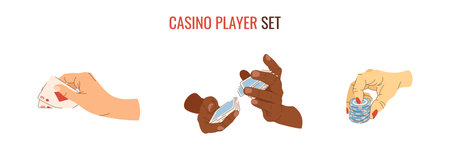 Vector casino player set of playing chips and cards in hands. Shuffle, bet and playing texas holdem poker. multicultural casino players. Illustrations for the gambling industry. Cards, rules and web banners for online casinoのイラスト素材