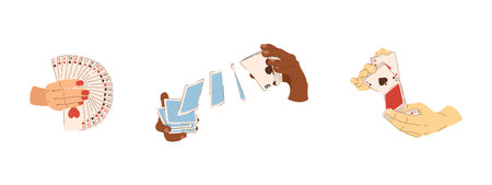 Vector casino player set of playing cards in hands. Multicultural casino players. Illustrations for gambling industryのイラスト素材