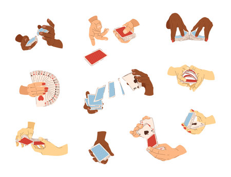 Vector casino player set of playing cards in hands. Multicultural casino players. Illustrations for gambling industryのイラスト素材