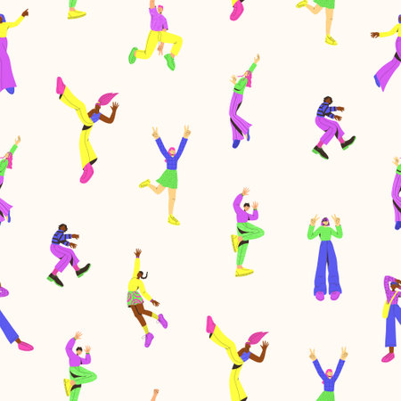 Vector seamless pattern with young peoples in trendy colors on the white background. Flat style. International day of young peopleのイラスト素材