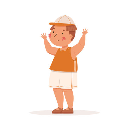 Cute little boy in a cap playing. Vector illustration. Summer activities. Children playing outside.のイラスト素材