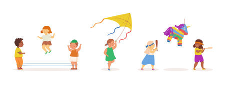 Cute girl and boys jumping over a rubber band, girl with the kite and two kids playing with a pinata. Vector illustration. Children playing outside.のイラスト素材