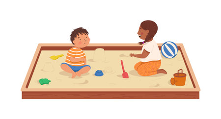 Children playing in the sandbox. Vector illustration. Summer activities. Kids have fun outside. Funny characterのイラスト素材