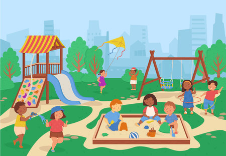 Kids play on playground in park. Summer activities. Multiculturalism and diversity. Vector cartoon illustration. Funny children characterのイラスト素材