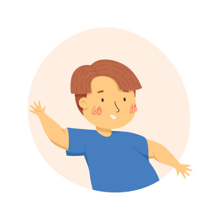 Happy little asian boy dancing. Vector cartoon illustration. Funny kids characters. Ideal for avatar, portrait, stickersのイラスト素材