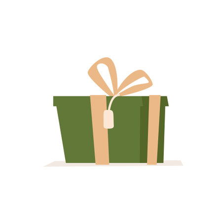 Single giftbox vector illustration. Green square present with yellow ribbon bow flat design isolated on white background. Christmas and New Yearのイラスト素材