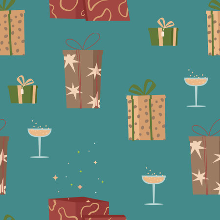 Trendy vector seamless pattern with presents and champagne. Cute hand-drawn gift boxes for the winter holidays. For a gift on fabric or paperのイラスト素材