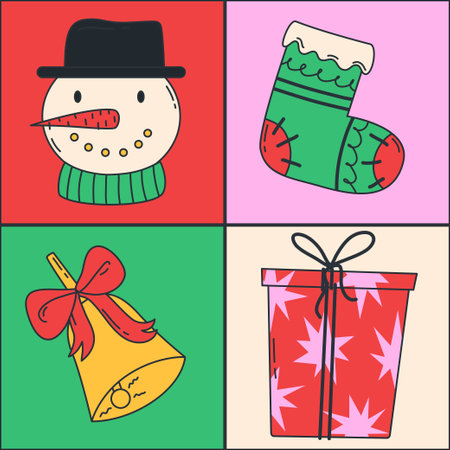 Christmas holiday icon elements with geometric seamless pattern. Vector illustration. Modern style Christmas and Happy New Year backgroundのイラスト素材