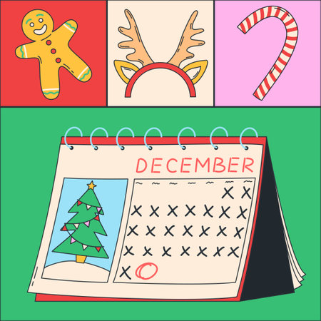 Christmas holiday icon set with calendar of December. Vector illustration. Modern style Christmas and Happy New Year background. Colorful square compositionのイラスト素材
