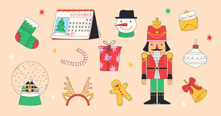 Christmas holiday traditional elements set. Vector illustration. Modern style Christmas and Happy New Year backgroundのイラスト素材