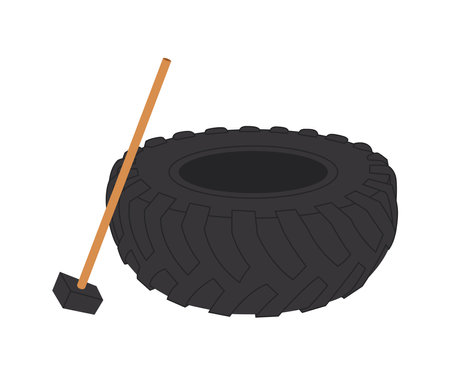 Tire and sledgehammer vector illustration. Crossfit objects set. Gym equipment flat design. Collection on sport theme. Ideal for sport guideのイラスト素材