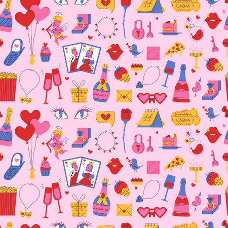 Seamless pattern to Valentines day. Cute doodle illustrations. Good for gift paper, posters, cards, prints. Vector illustrationのイラスト素材