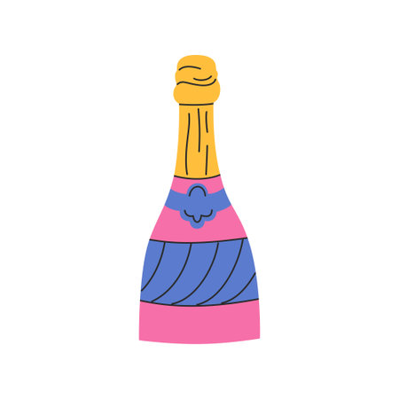 Pink wine bottle in a flat style. Valentines day doodle vector illustrations. Good for stickers, cards design, tags, clipartのイラスト素材