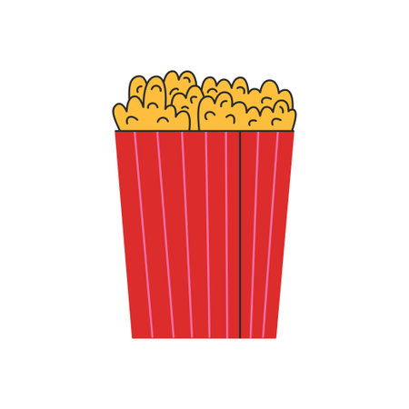 Retro popcorn bucket in a flat style. Tasty junk food. Vector groovy illustrations. Good for stickers, cards design, tags, clipartのイラスト素材