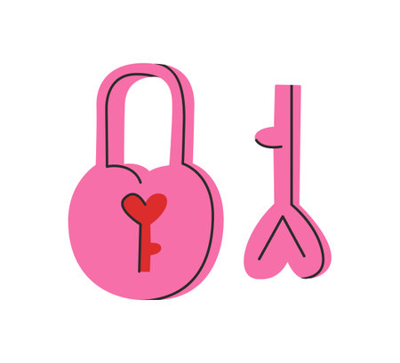 Lock and key with hearts shape. Valentines Day concept. Flat vector illustration. Good for stickers, cards, tags, clipartのイラスト素材