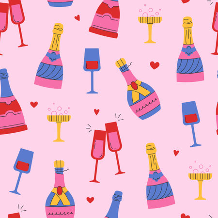 Seamless pattern to Valentines day. Wine and champagne bottles, wineglasses. Cute doodle illustrationsのイラスト素材