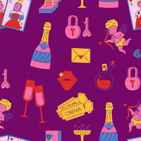 Seamless pattern to Valentines day. Cute doodle illustrations. Retro style. Vector illustration. Good for gift paper, posters, cards, printsのイラスト素材