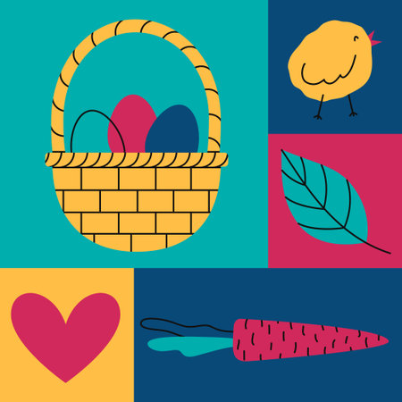 Geometric colorful objects set for Happy Easter. Basket of eggs, chick and carrot. Trendy minimalistic holiday vector illustrationsのイラスト素材