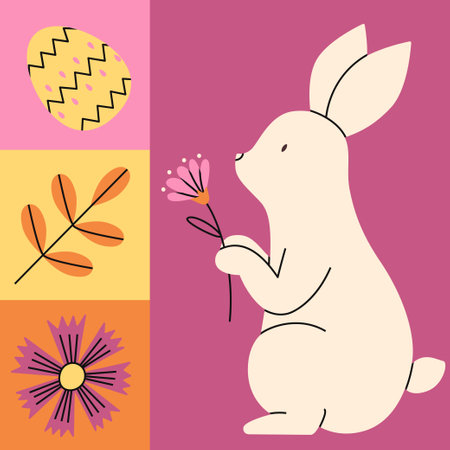 Geometric pink objects set for Happy Easter. Cute rabbit with flower. Trendy minimalistic holiday vector illustrations. Website decorationのイラスト素材
