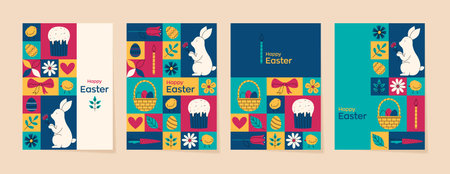 Geometric colorful set of greeting cards for Happy Easter. Trendy minimalistic holiday vector illustrations. Website decorationのイラスト素材