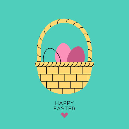 Cute basket of colorful eggs. Greeting card for Happy Easter. Trendy minimalistic holiday vector illustrations. Website decorationのイラスト素材