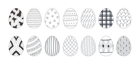 Easter eggs set doodle style. Happy easter hand drawn vector illustration. Different designs and patterns of celebration eggs.のイラスト素材