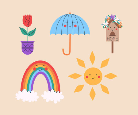 Set for Easter Day. Vector illustration for spring season. Spring object: umbrella, sun, flower and rainbow.のイラスト素材