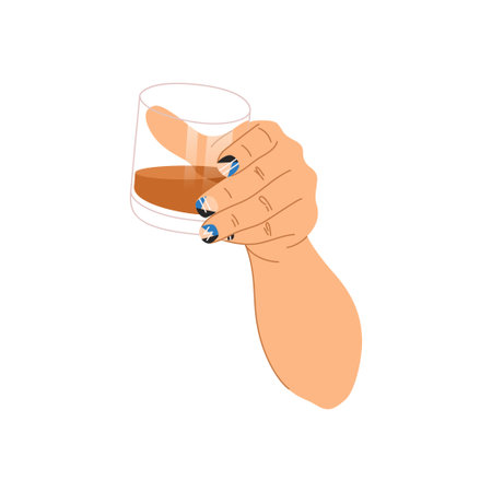 Man hold glass with drink with geometric nails design. Vector illustration. Male manicure concept.のイラスト素材