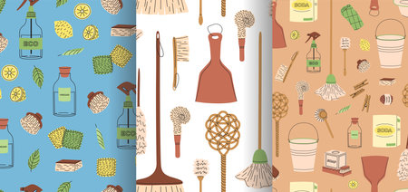 Seamless patterns collections of eco-friendly cleaning products. Organic natural ecological cleaners. Flat vector illustrationのイラスト素材