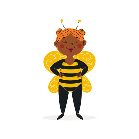 Funny girl in halloween bee costume. Baby girl dressed as a cute bee. Vector illustration. Happy and cute carnival child. Character designのイラスト素材