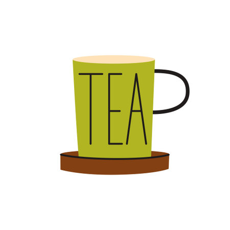 Green cup of tea. Hand drawn flat vector illustration for autumn and fall. Mug with wooden coaster. Cozy collectionsのイラスト素材