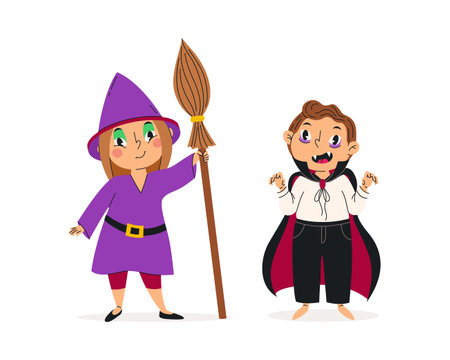 Set of funny children in halloween costumes. Vector illustration. Happy and cute carnival kids. Witch and vampire.のイラスト素材