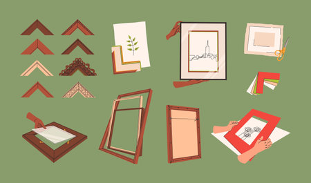 Vector set of framing industry. Framing workshop. Embroidery stretching, painting. Wood baguette....