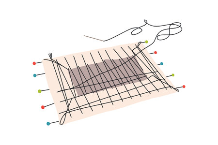 Stretching canvas for framing. Stages of embroidery preparation in the workshop. Needlecraft art. Flat vector illustration of hand-made handicraftのイラスト素材