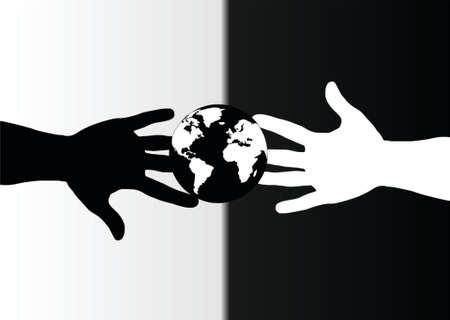 hands black and white and globeのイラスト素材