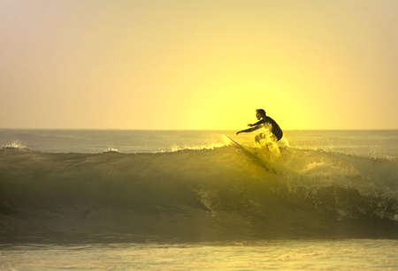 Surfer on the top of the wave with sunset