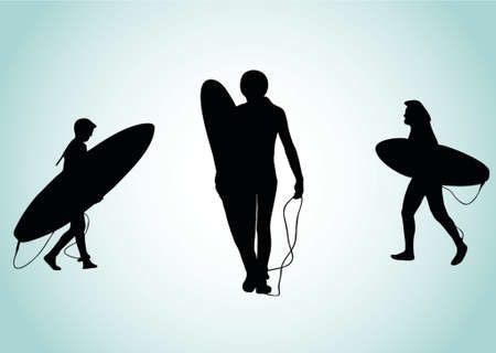 silhouette of three surfers with blue backgroundのイラスト素材