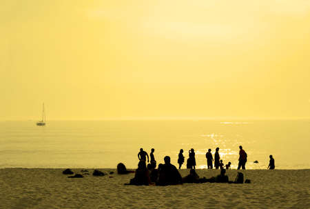 people in the beach watching the sunset