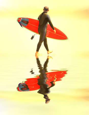 sunset surfer running in the beach