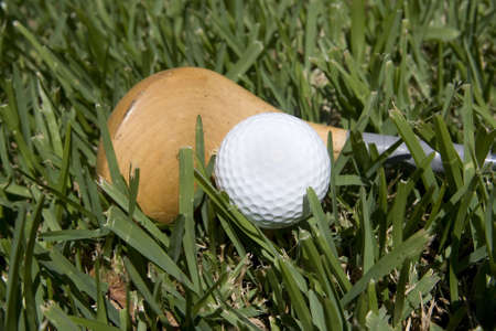 golf ball and tee in the grassの写真素材