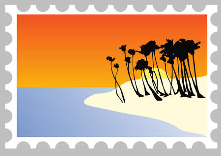 illustration of a stamp of a beach at sunsetの写真素材