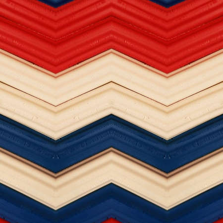 Abstract zigzag design with plasticine bars of blue, white and red colors, background and texture