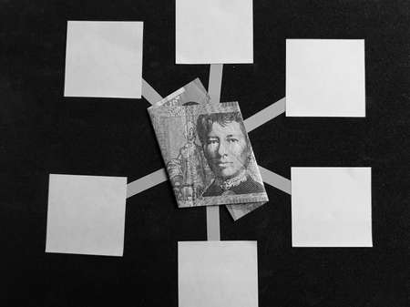 idea of a mind map with an australian banknote of ten dollars in the center, black and white image