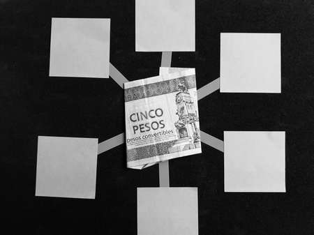 idea of a mind map with a cuban banknote of five pesos in the center, black and white imageの写真素材