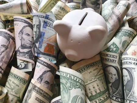white piggy bank and american dollar banknotes