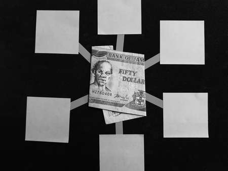 mind map with a Jamaican banknote of fifty dollars in the center, black and white imageの写真素材