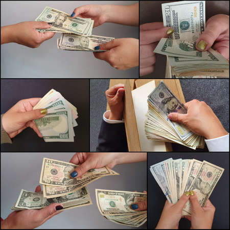 photo collage of hands with American dollar moneyの写真素材