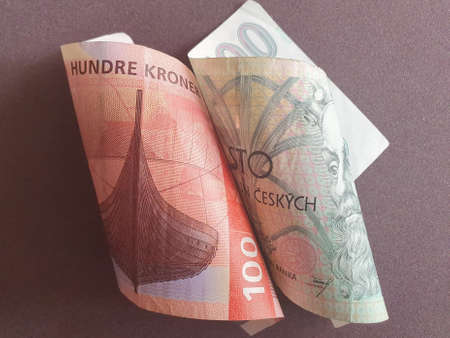 Norwegian banknote of 100 kroner and Czech bill of 100 korunの写真素材