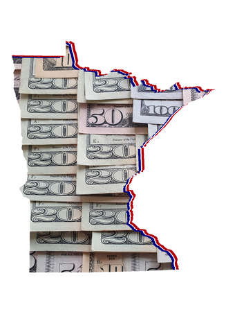 american dollar banknotes forming and the map of Minnesota State and white backgroundの写真素材