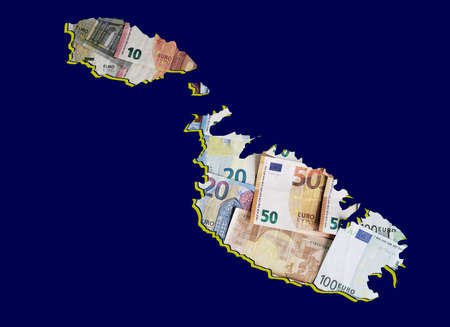 european banknotes forming and the map of Malta and blue backgroundの写真素材